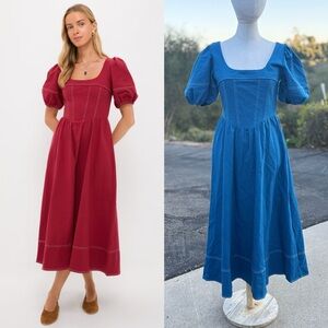 MOON RIVER Puff Sleeve Midi Dress in blue NWOT